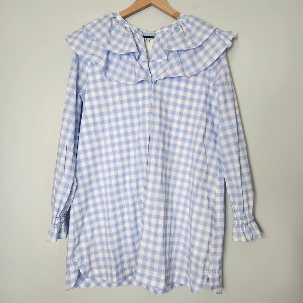 Hill House Colette Blue Jacquard Check Ruffle Long Sleeve Mini Dress, XS - Picture 4 of 14